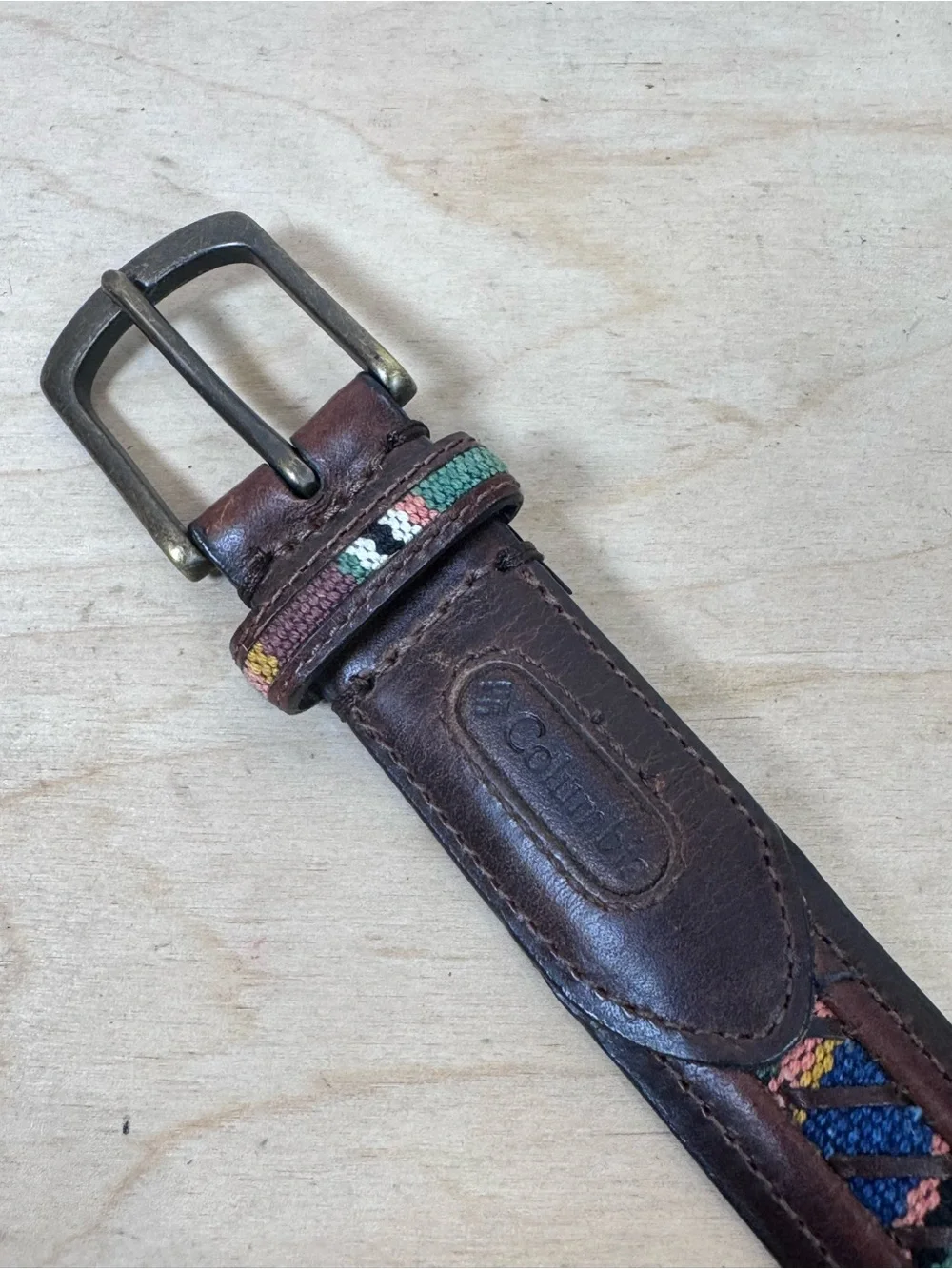 Columbia Brown Leather Belt Multicolor Woven Accents 42 Outdoor Gorpcore